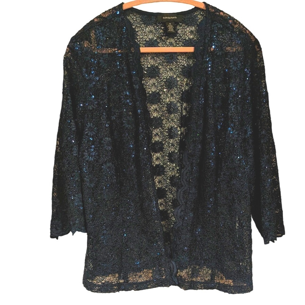 R&M Richards Lace Jacket 18 Navy Blue‎ Sequin Open Front Bolero Evening Cardigan